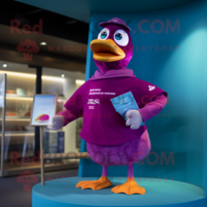 Magenta Duck mascot costume character dressed with a Swimwear and Lapel pins