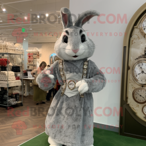 Gray Wild Rabbit mascot costume character dressed with a Empire Waist Dress and Bracelet watches