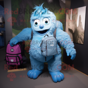 Blue Yeti mascot costume character dressed with a Leggings and Backpacks