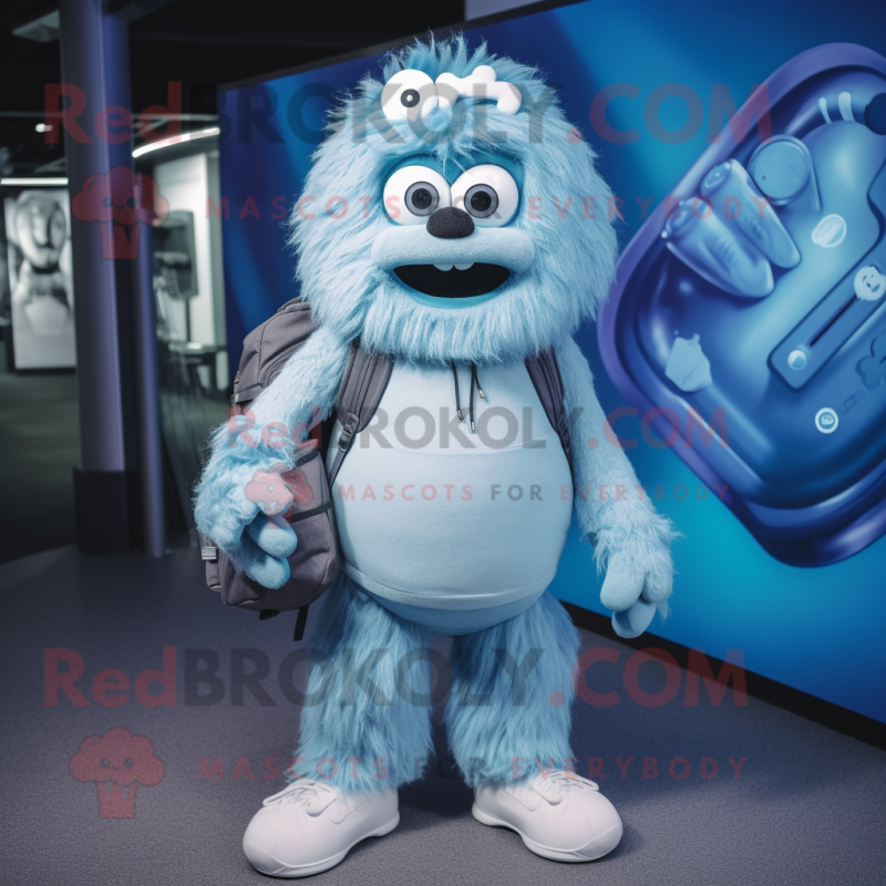 Blue Yeti mascot costume character dressed with a Leggings and Backpacks Blue Yeti mascot costume character dressed with a Leggings and Backpacks