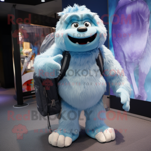 Blue Yeti mascot costume character dressed with a Leggings and Backpacks