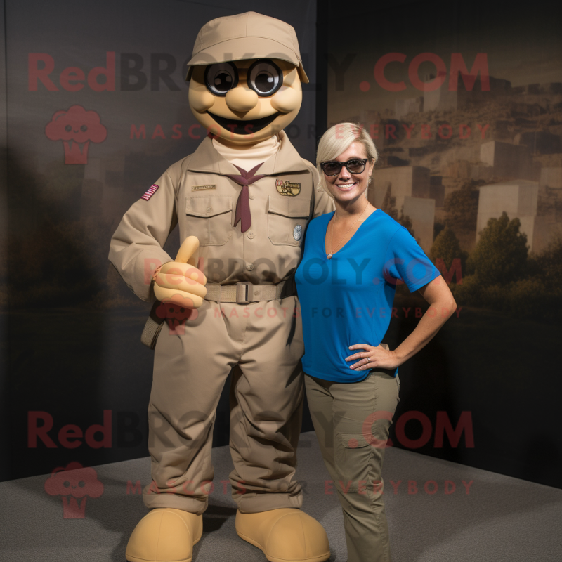 Tan Para Commando mascot costume character dressed with a Mom Jeans and Bow ties