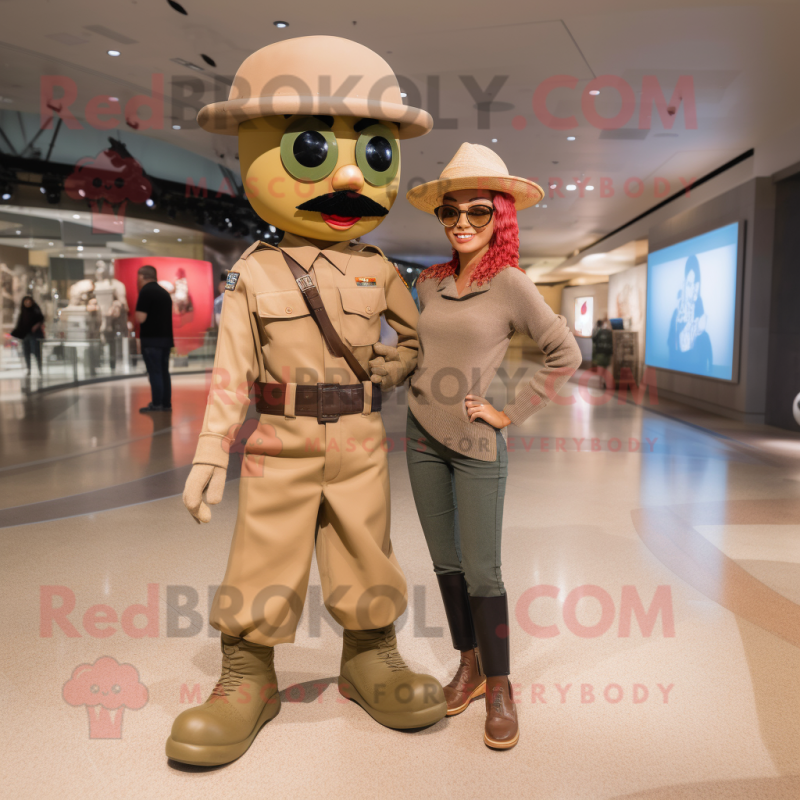 Tan Para Commando mascot costume character dressed with a Mom Jeans and Bow ties