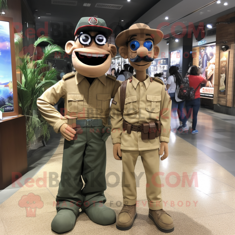 Tan Para Commando mascot costume character dressed with a Mom Jeans and Bow ties Tan Para Commando mascot costume character dressed with a Mom Jeans and Bow ties