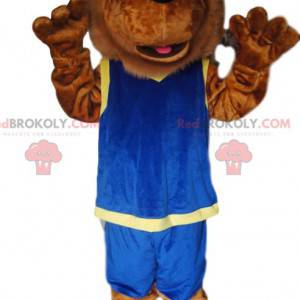 Brązowy lew maskotka z niebieską odzież sportową -