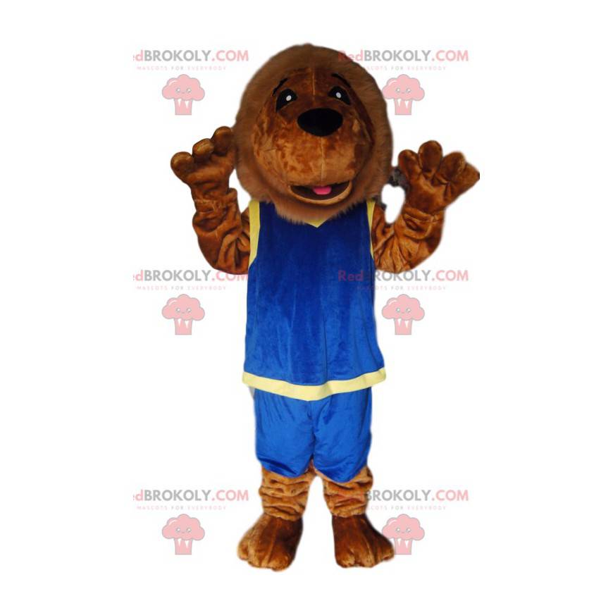 Braunes Löwenmaskottchen mit blauer Sportbekleidung -