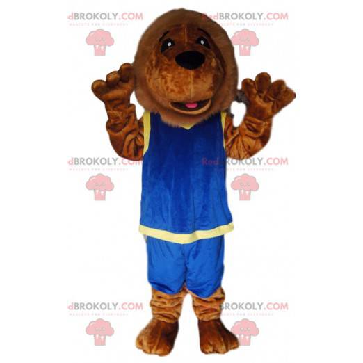 Mascote leão marrom com roupa esportiva azul - Redbrokoly.com