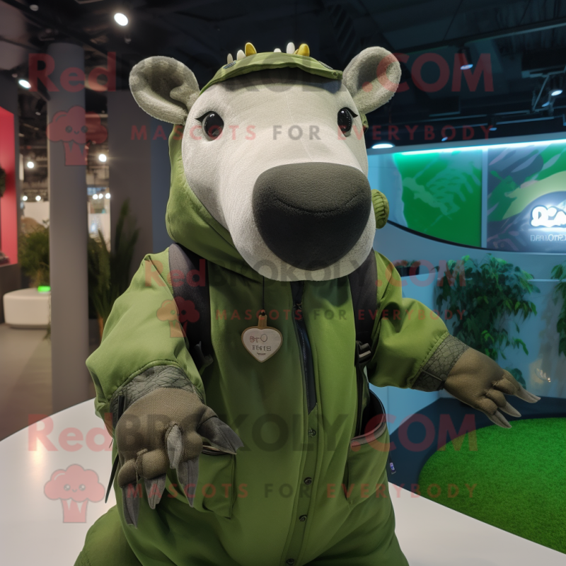 Green Tapir mascot costume character dressed with a Parka and Hair clips Green Tapir mascot costume character dressed with a Parka and Hair clips