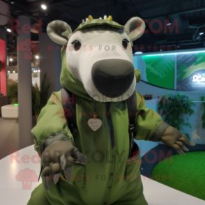 Green Tapir mascot costume character dressed with a Parka and Hair clips