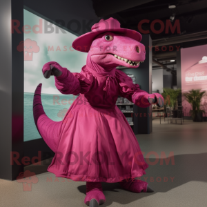 Magenta Iguanodon mascot costume character dressed with a A-Line Skirt and Hats