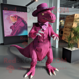 Magenta Iguanodon mascot costume character dressed with a A-Line Skirt and Hats