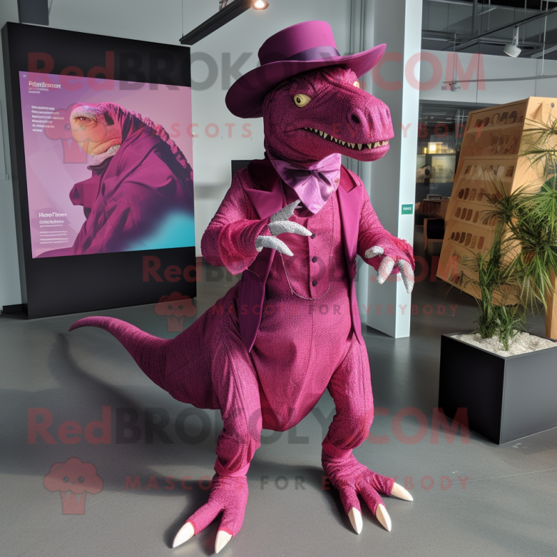 Magenta Iguanodon mascot costume character dressed with a A-Line Skirt and Hats Magenta Iguanodon mascot costume character dressed with a A-Line Skirt and Hats