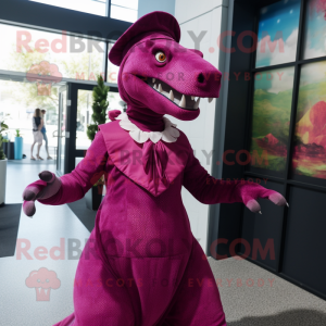 Magenta Iguanodon mascot costume character dressed with a A-Line Skirt and Hats