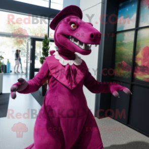 Magenta Iguanodon mascot costume character dressed with a A-Line Skirt and Hats