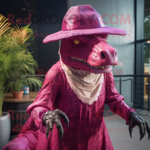 Magenta Iguanodon mascot costume character dressed with a A-Line Skirt and Hats