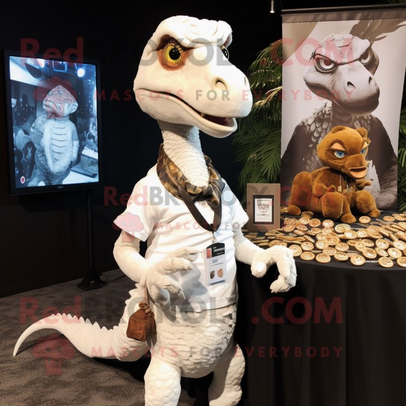 White Utahraptor mascot costume character dressed with a Henley Tee and Coin purses White Utahraptor mascot costume character dressed with a Henley Tee and Coin purses