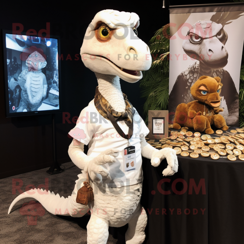 White Utahraptor mascot costume character dressed with a Henley Tee and Coin purses