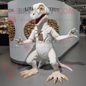 White Utahraptor mascot costume character dressed with a Henley Tee and Coin purses