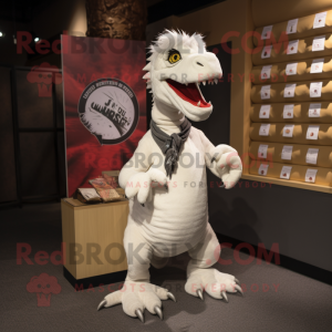 White Utahraptor mascot costume character dressed with a Henley Tee and Coin purses