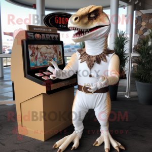 White Utahraptor mascot costume character dressed with a Henley Tee and Coin purses