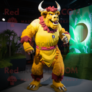 Yellow Minotaur mascot costume character dressed with a Bermuda Shorts and Bracelets