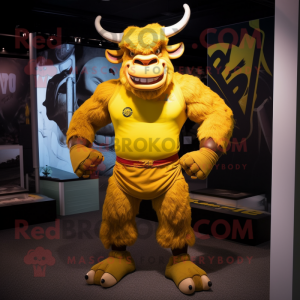 Yellow Minotaur mascot costume character dressed with a Bermuda Shorts and Bracelets