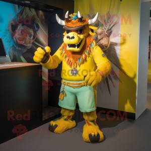 Yellow Minotaur mascot costume character dressed with a Bermuda Shorts and Bracelets