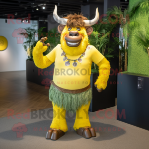 Yellow Minotaur mascot costume character dressed with a Bermuda Shorts and Bracelets