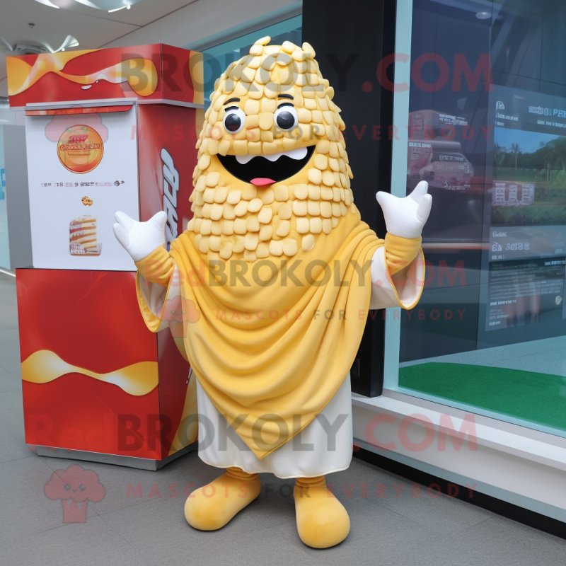 Cream French Fries mascot costume character dressed with a Rash Guard and Shawls Cream French Fries mascot costume character dressed with a Rash Guard and Shawls