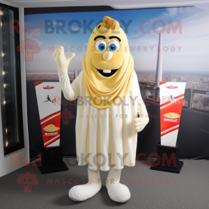 Cream French Fries mascot costume character dressed with a Rash Guard and Shawls