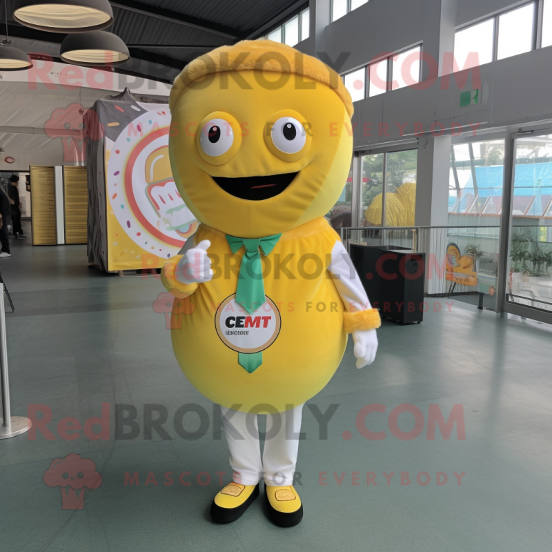 Lemon Yellow Donut mascot costume character dressed with a Vest and Lapel pins