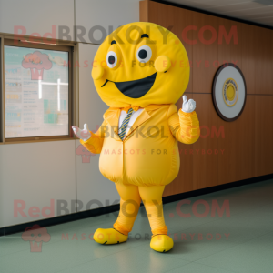 Lemon Yellow Donut mascot costume character dressed with a Vest and Lapel pins