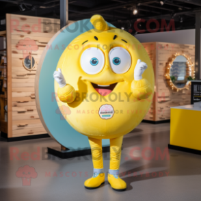 Lemon Yellow Donut mascot costume character dressed with a Vest and Lapel pins