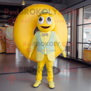 Lemon Yellow Donut mascot costume character dressed with a Vest and Lapel pins
