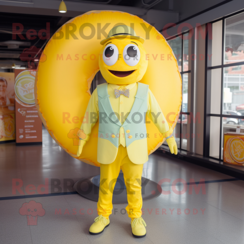 Lemon Yellow Donut mascot costume character dressed with a Vest and Lapel pins Lemon Yellow Donut mascot costume character dressed with a Vest and Lapel pins