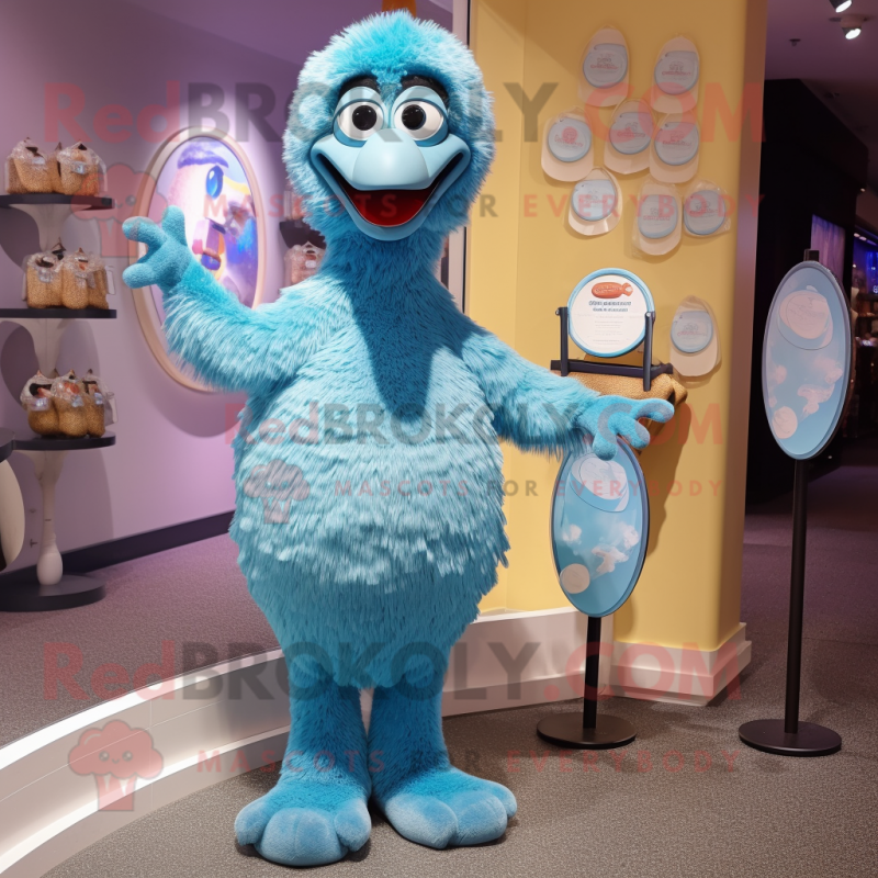 Cyan Ostrich mascot costume character dressed with a Henley Tee and Coin purses