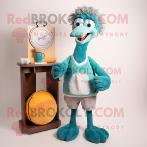 Cyan Ostrich mascot costume character dressed with a Henley Tee and Coin purses