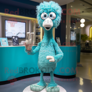 Cyan Ostrich mascot costume character dressed with a Henley Tee and Coin purses