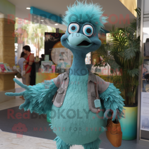 Cyan Ostrich mascot costume character dressed with a Henley Tee and Coin purses