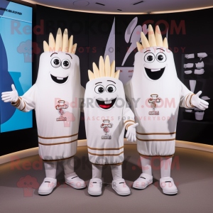 White French Fries mascot costume character dressed with a Sweatshirt and Brooches