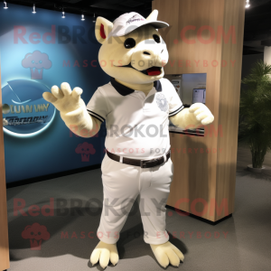 Cream Tuna mascot costume character dressed with a Polo Shirt and Bracelet watches