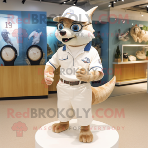 Cream Tuna mascot costume character dressed with a Polo Shirt and Bracelet watches