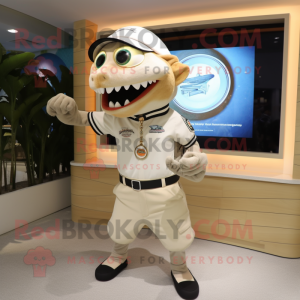 Cream Tuna mascot costume character dressed with a Polo Shirt and Bracelet watches