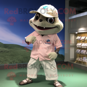 Cream Tuna mascot costume character dressed with a Polo Shirt and Bracelet watches