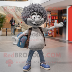 Gray Meatballs mascot costume character dressed with a Skinny Jeans and Tote bags