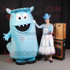 Sky Blue Bbq Ribs mascot costume character dressed with a Maxi Dress and Wallets