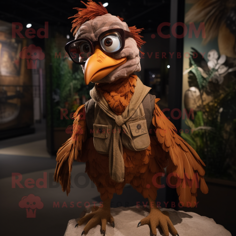 Rust Archeopteryx mascot costume character dressed with a Corduroy Pants and Eyeglasses