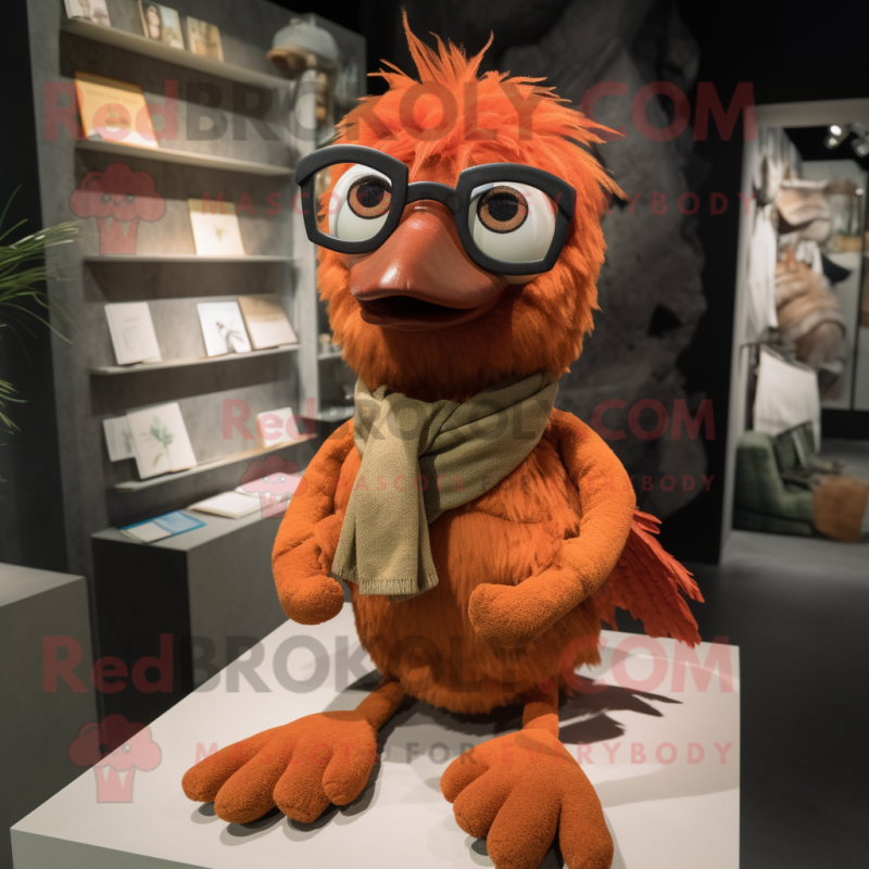 Rust Archeopteryx mascot costume character dressed with a Corduroy Pants and Eyeglasses