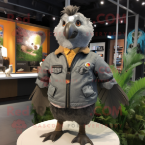 Gray Quail mascot costume character dressed with a Bomber Jacket and Hairpins