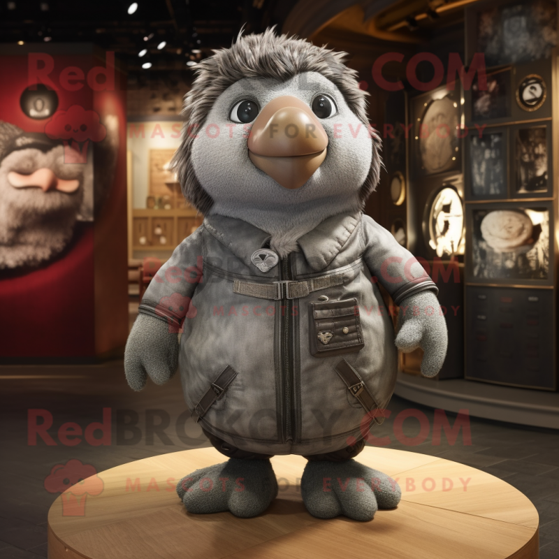 Gray Quail mascot costume character dressed with a Bomber Jacket and Hairpins